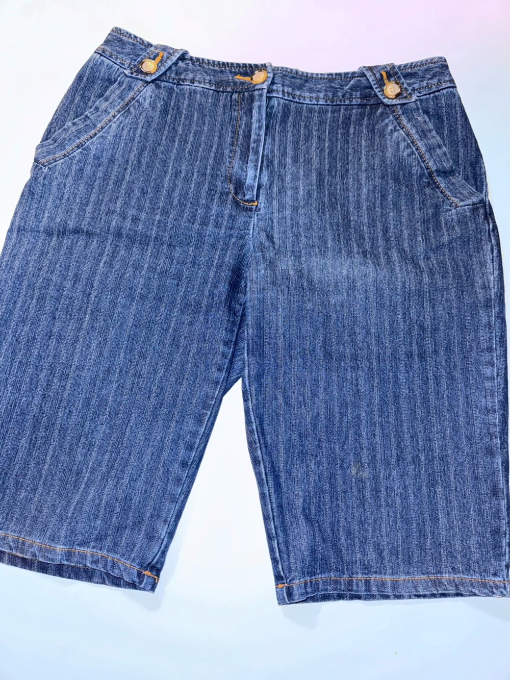Y2K Bamboo Traders Dark Blue and Light Blue Pinstripe Denim Bermuda Shorts